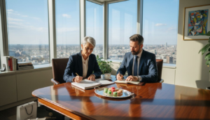 Luxury brand managers planning in downtown office