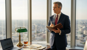 Luxury brand CEO in city office setting