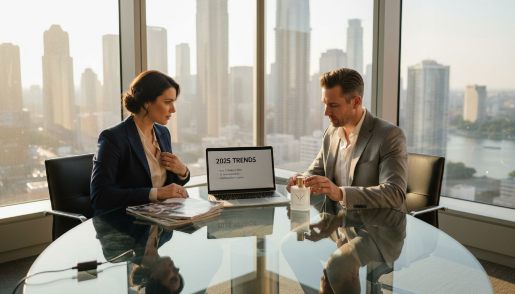 Executives discussing luxury marketing trends in office