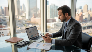 Strategist planning digital strategy in upscale office