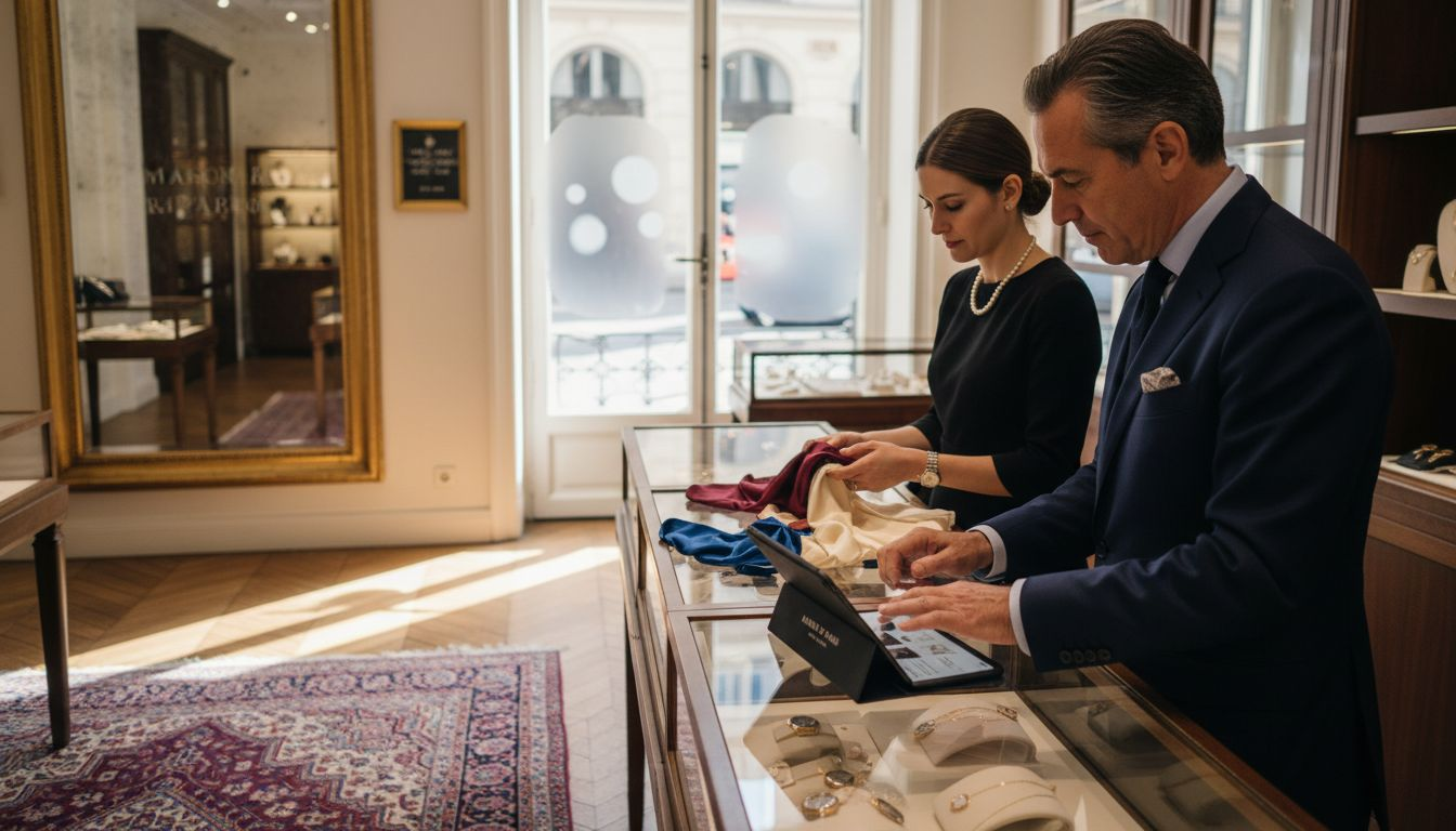 Client using tablet in luxury boutique