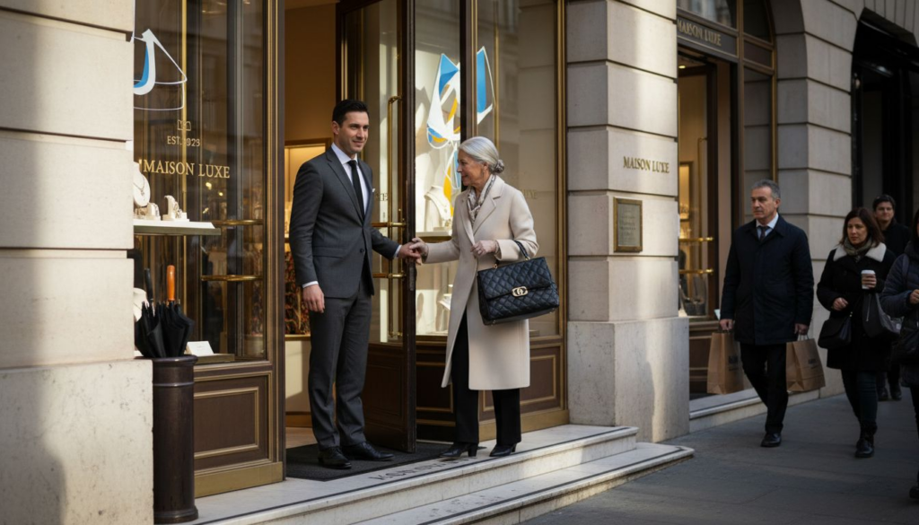 Exclusive luxury boutique entrance with doorman