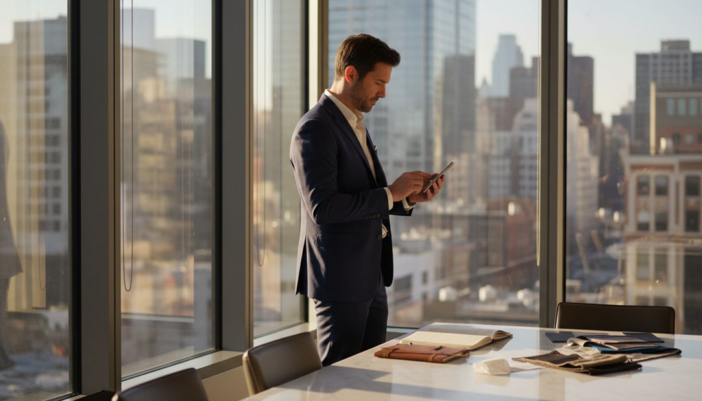 Luxury brand manager working in corner office