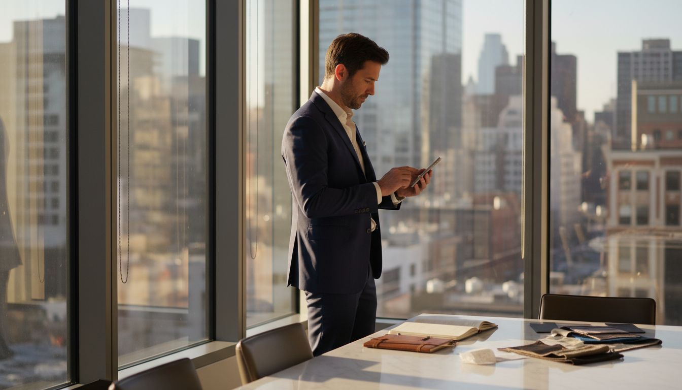 Luxury brand manager working in corner office