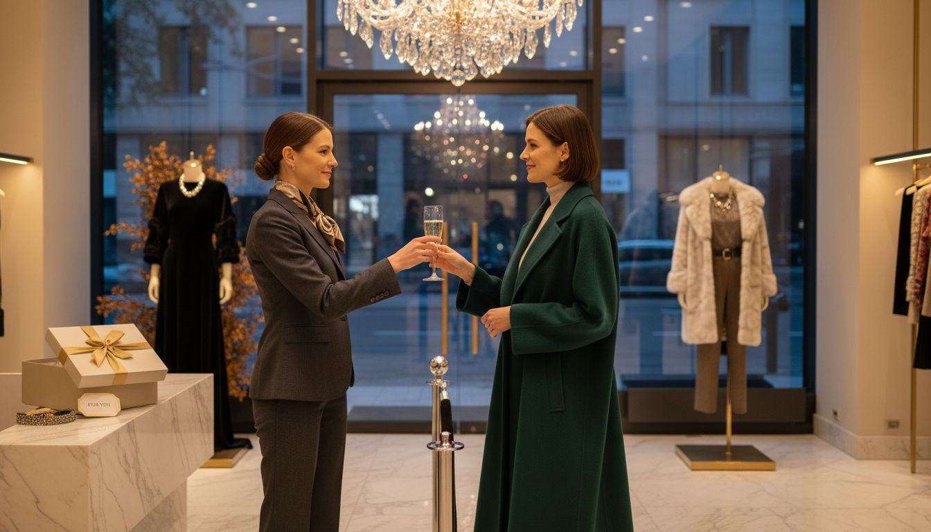 Luxury boutique sales associate greets customer