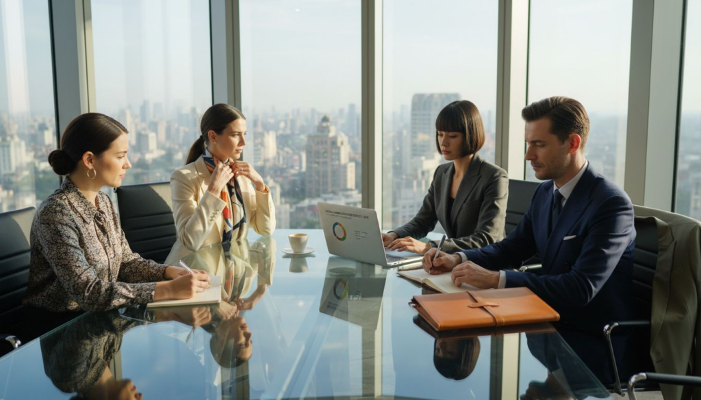 Luxury team reviewing branding in sunny boardroom