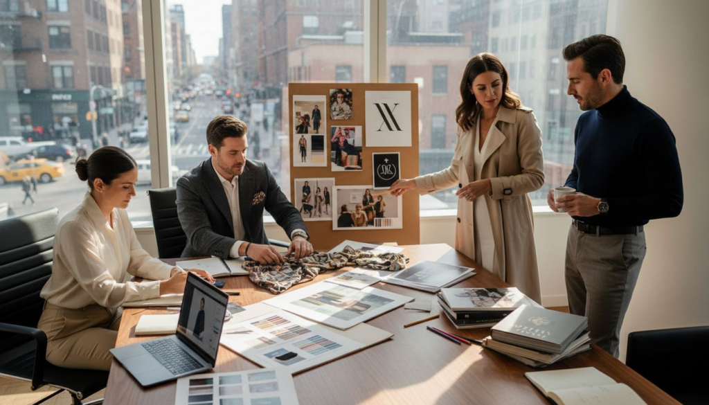 Luxury fashion team reviews branding in office