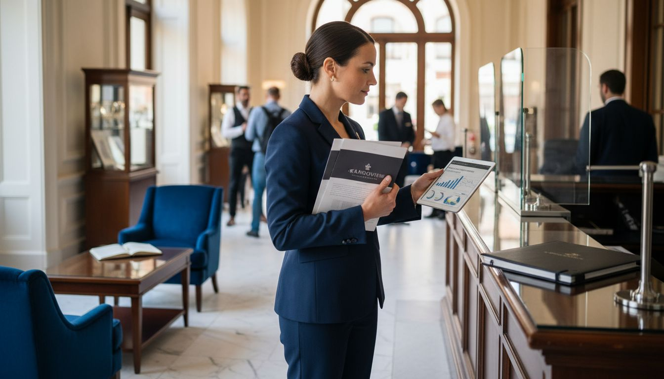 Marketing manager with brochures in luxury hotel lobby