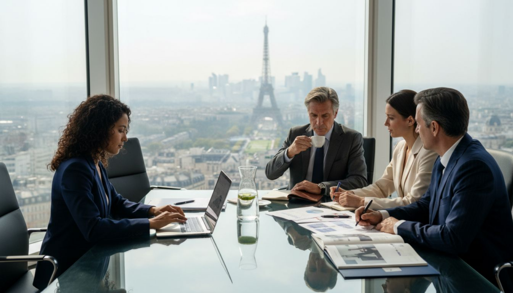 Fashion Brand Growth Tactics for Luxury Market Success Luxury fashion executives in city boardroom meeting