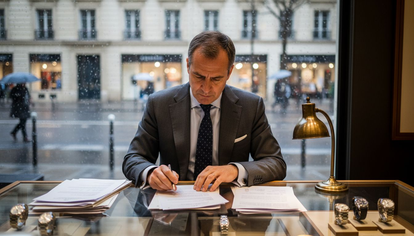 Boutique manager with authenticity papers in luxury shop