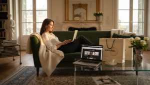 Woman shopping luxury website at home