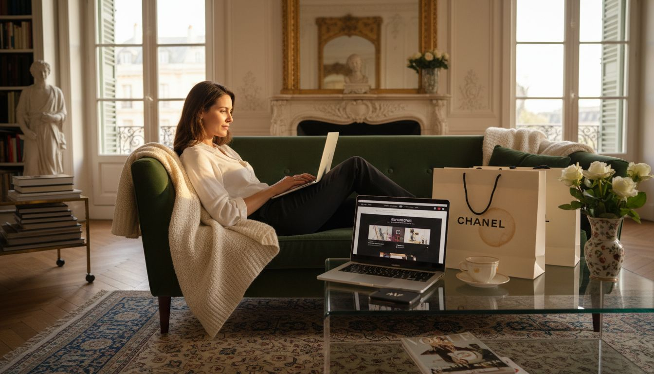 Woman shopping luxury website at home