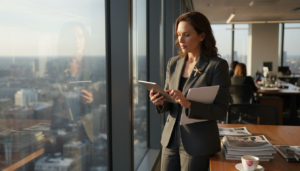 Luxury brand executive reviewing sales analytics