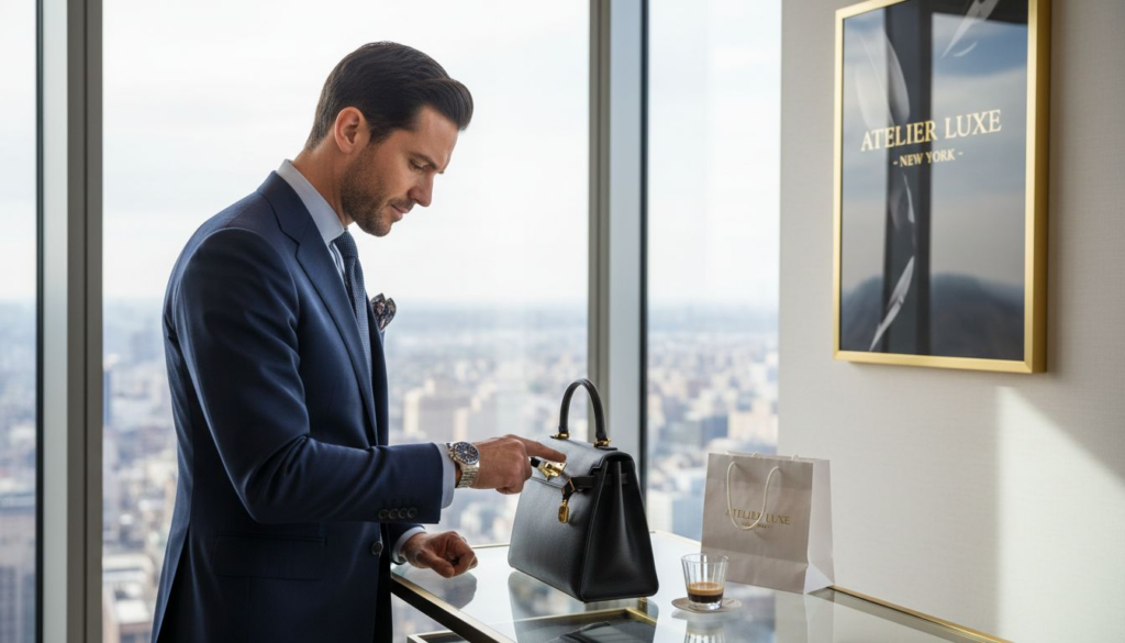 Role of Emotions in Luxury Buying: 80% Decisions Driven Shopper inspecting designer bag in luxury boutique