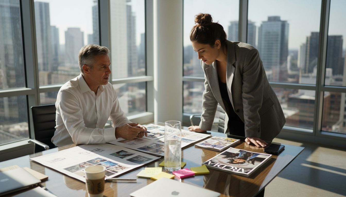 Luxury branding meeting with mood boards in office