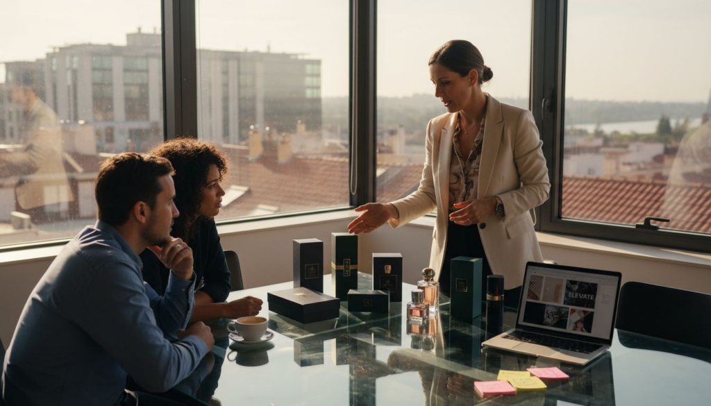 Brand manager presenting luxury packaging samples