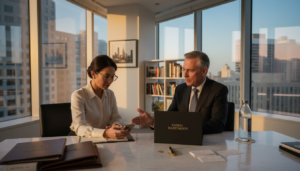 Luxury sales consultation in office setting