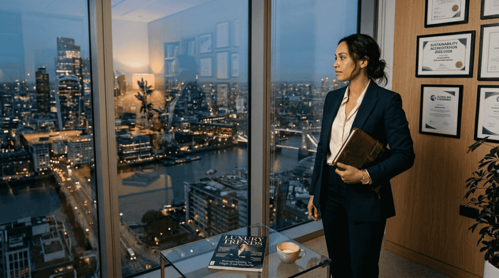 Consultant in high-rise luxury office at dusk