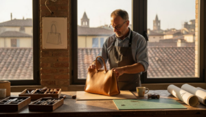 Artisan crafting luxury handbag in studio