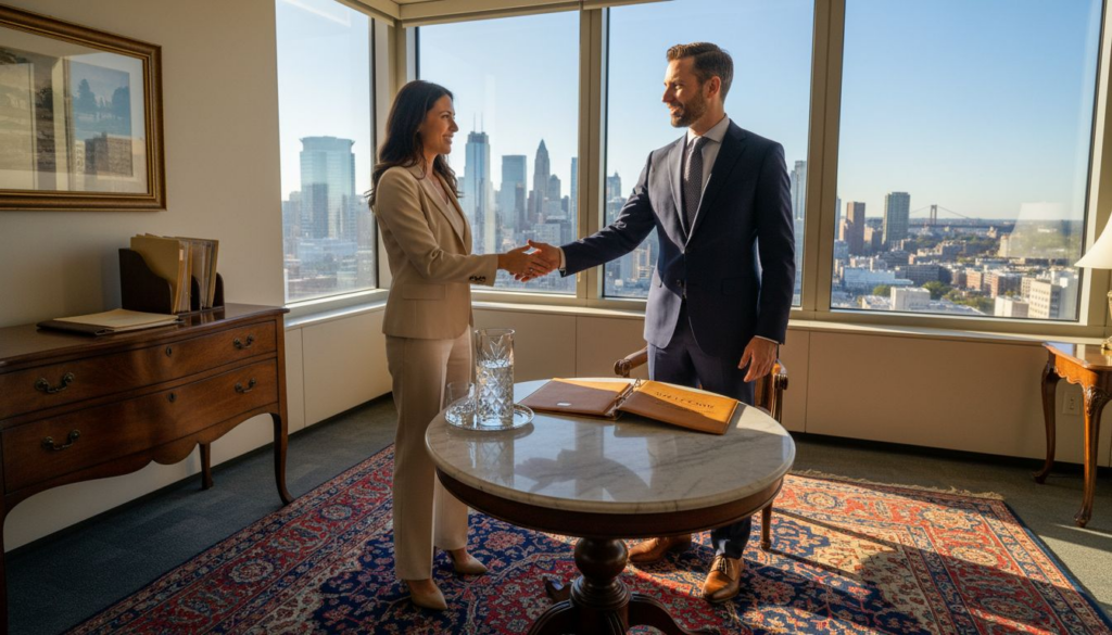 Luxury client onboarding meeting in city office