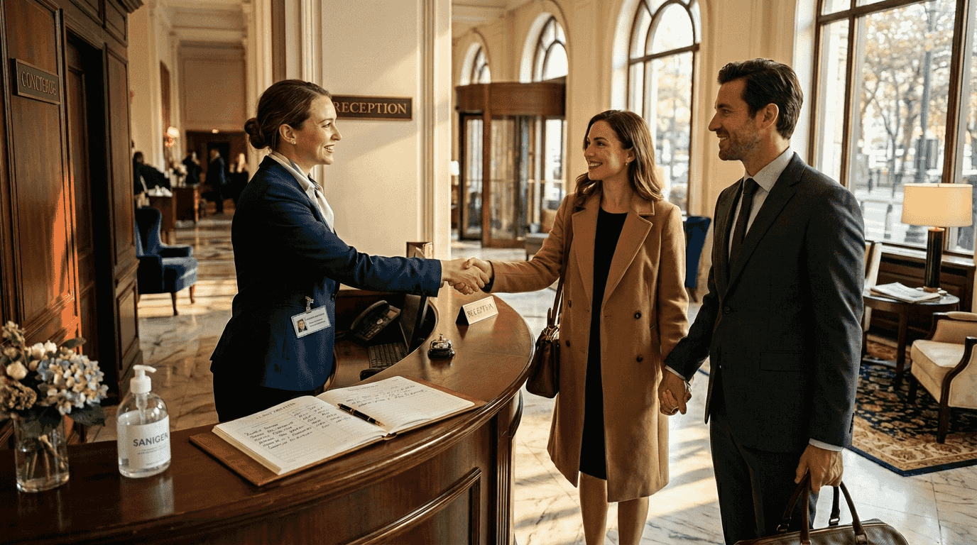 Luxury hotel concierge greeting upscale guests