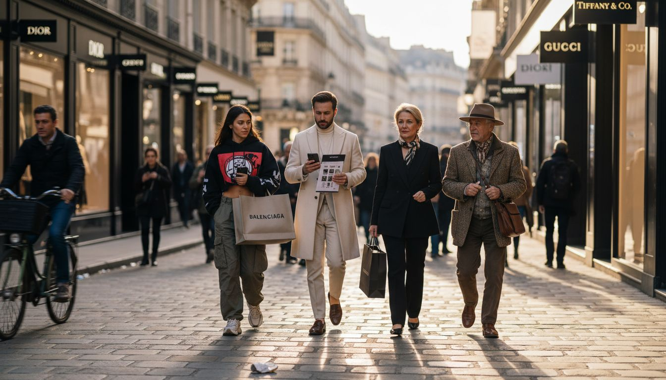 Diverse shoppers on luxury Paris shopping street