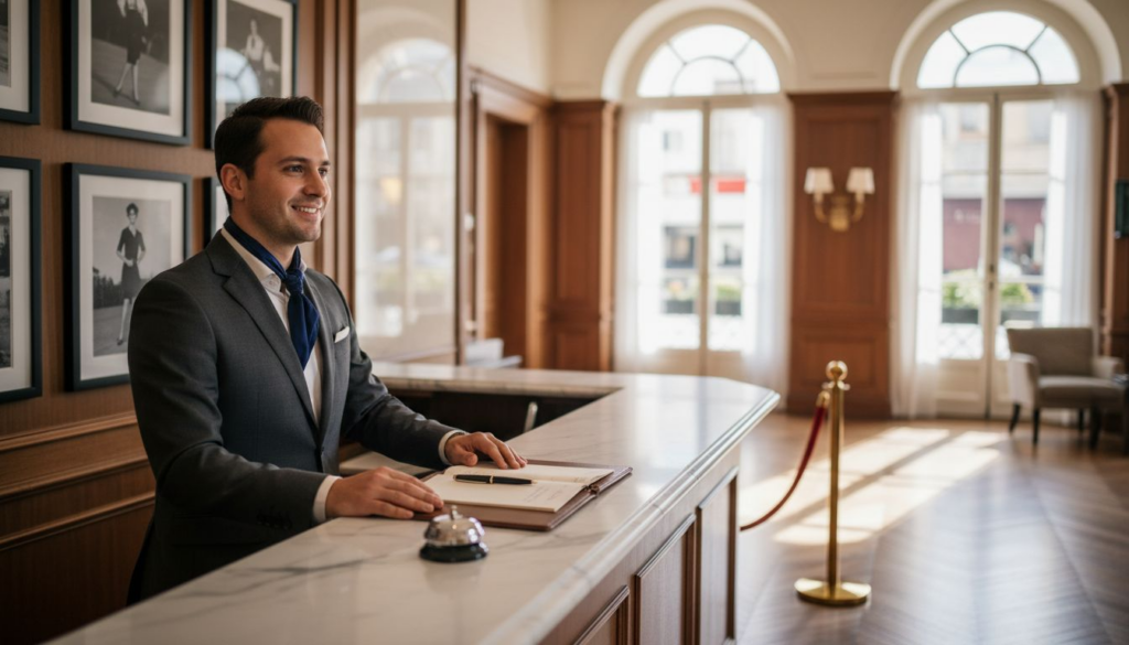 Concierge greeting guest in luxury hotel lobby