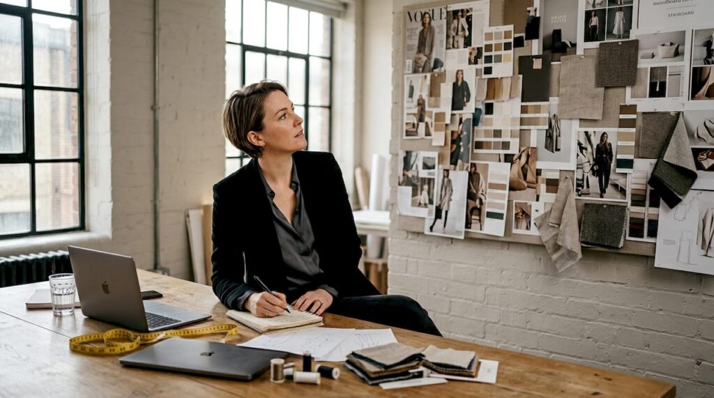 Designer working in fashion studio with mood board