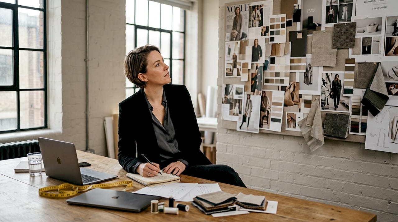 Designer working in fashion studio with mood board