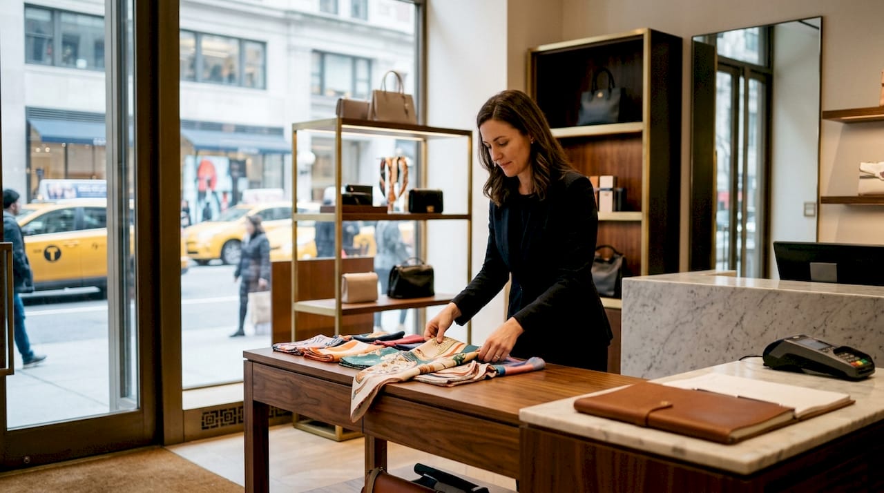Luxury boutique staff arranging silk scarves