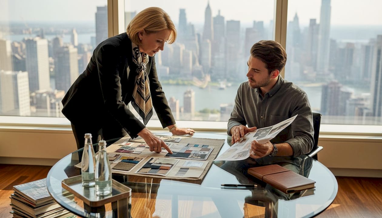 Luxury brand consultants reviewing portfolio in office