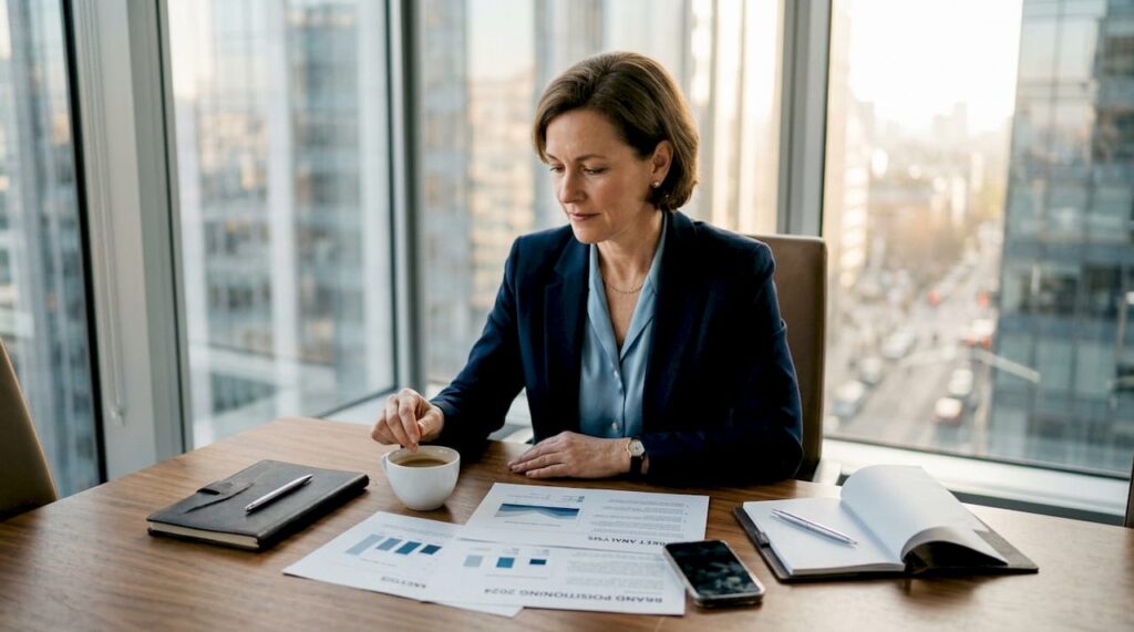 Why premium positioning matters: psychology behind luxury Executive reviewing brand strategy in luxury office