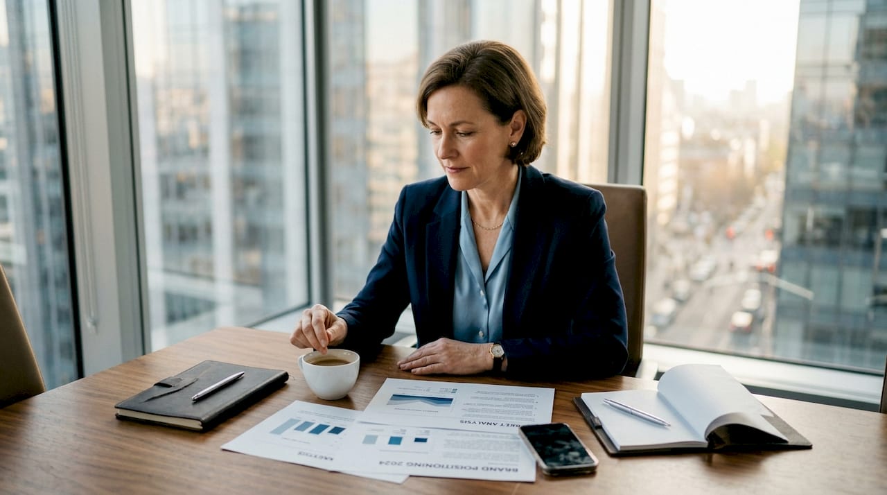 Executive reviewing brand strategy in luxury office