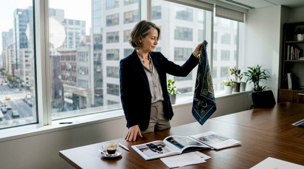 Why consumer psychology matters for luxury brand success Executive reviews luxury brand scarf in office