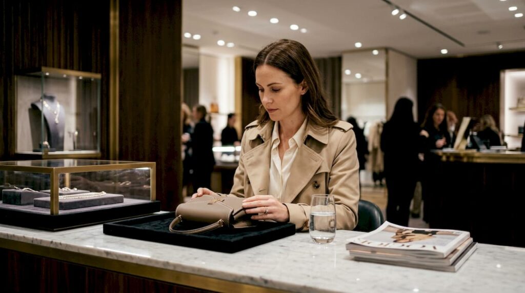 Elevate luxury fashion engagement with consumer psychology Customer admiring luxury handbag in boutique