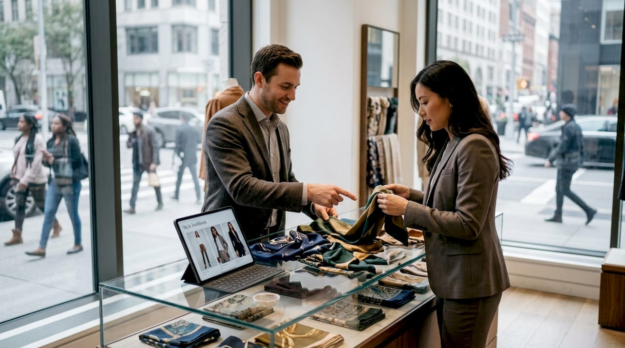 Sales associate helps client in sunlit boutique