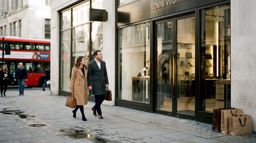 Professionals outside luxury flagship store window