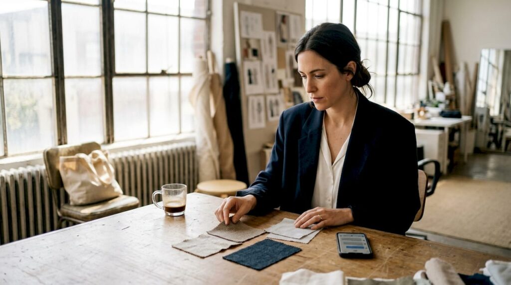 Fashion executive reviewing fabric samples at table