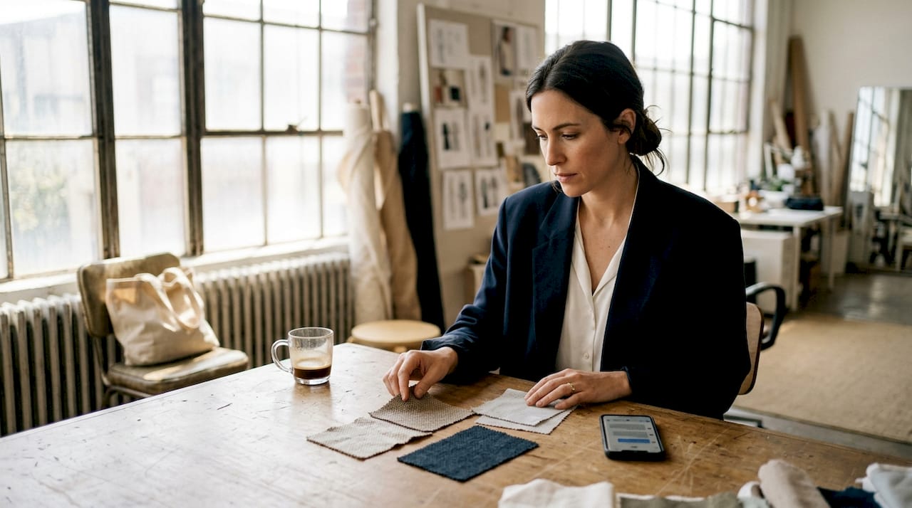 Fashion executive reviewing fabric samples at table
