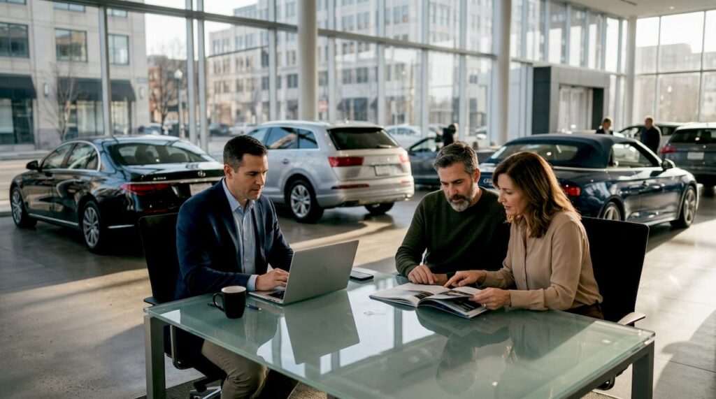 Best practices for luxury dealerships: boost satisfaction & sales Advisor helps clients in luxury showroom