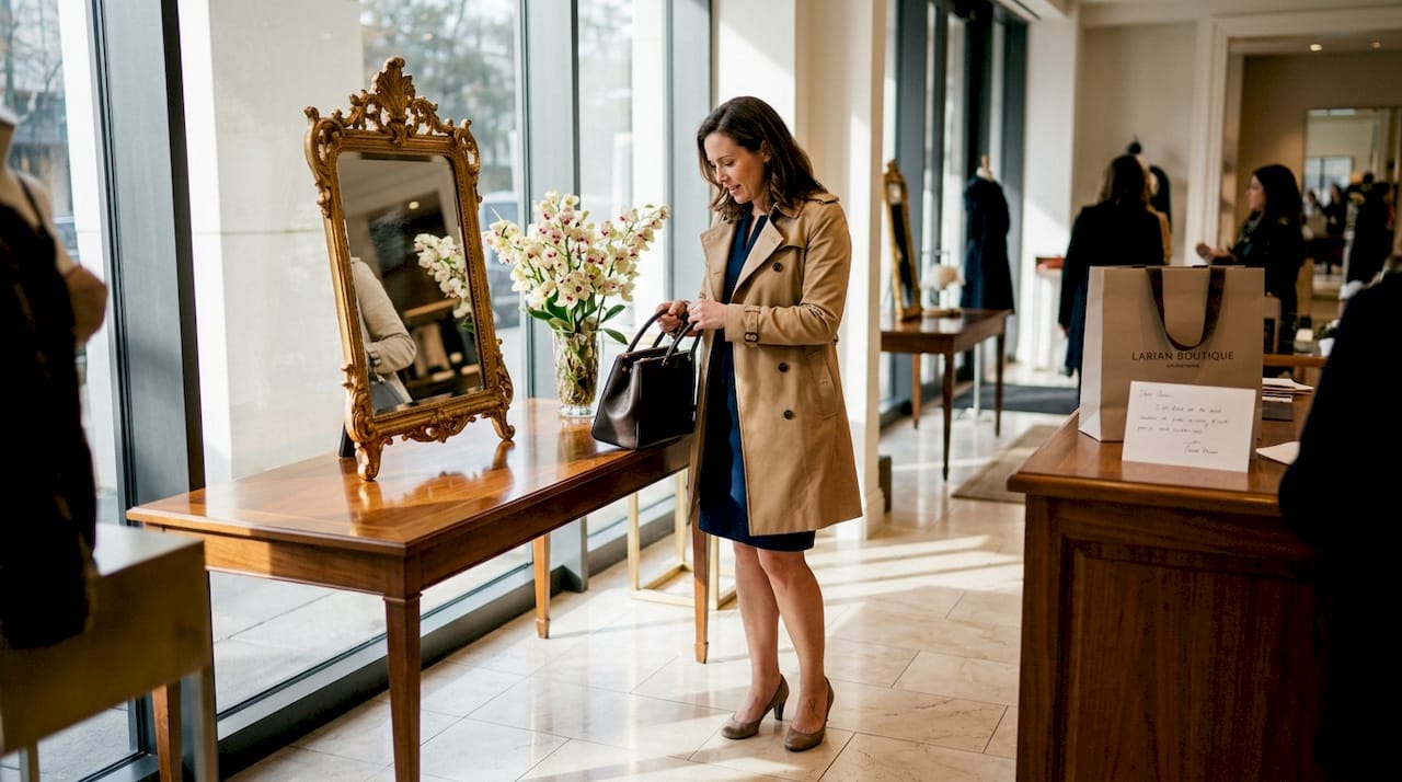 Shopper inspecting luxury handbag in boutique
