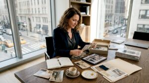 Fashion brand manager reviewing archival materials