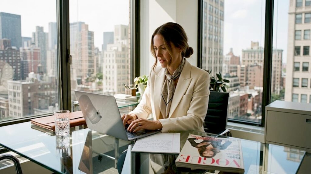 Luxury brand strategist emailing in corner office