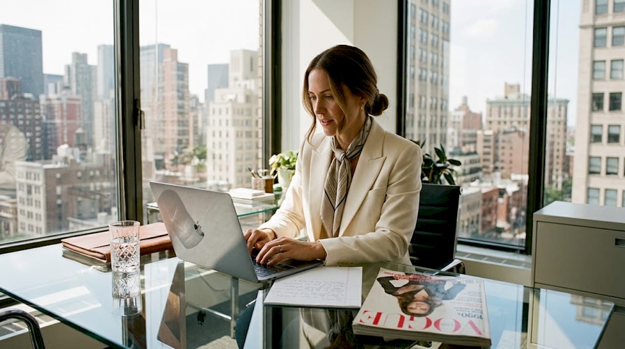 Luxury brand strategist emailing in corner office