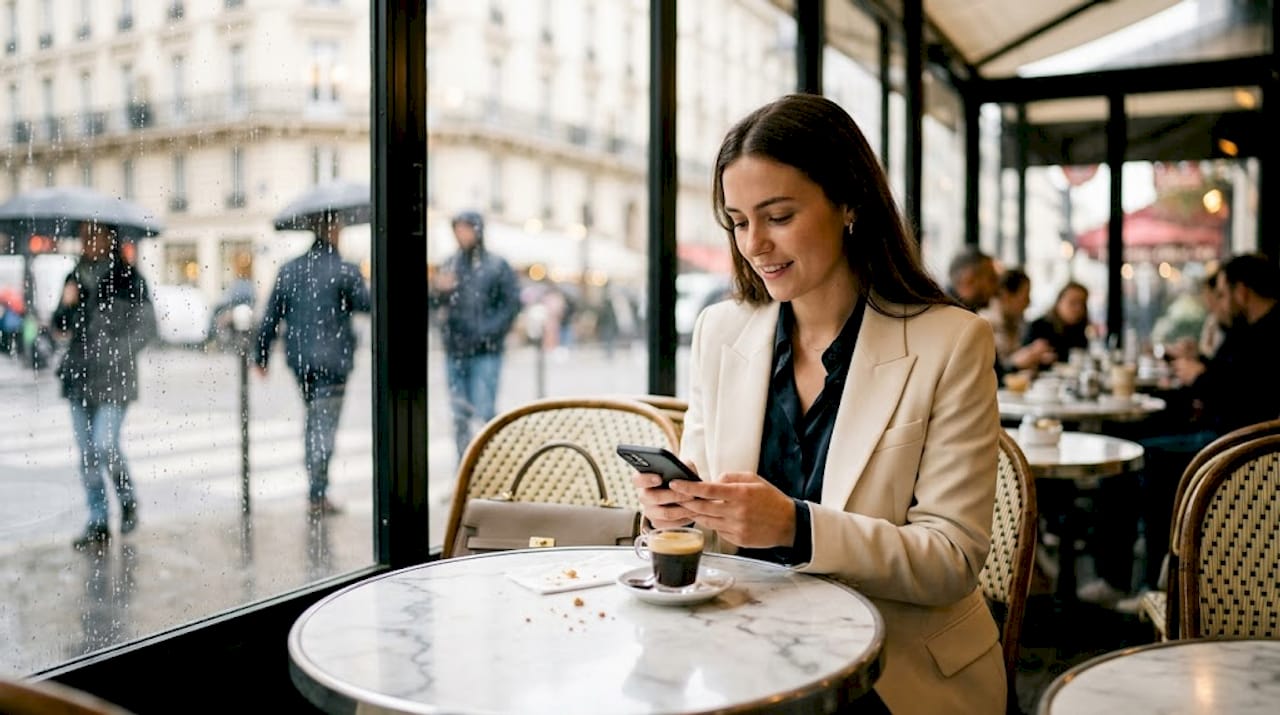Fashion influencer in café with phone