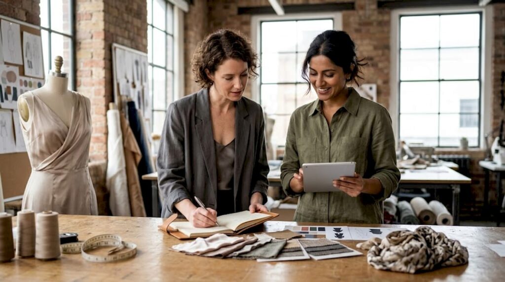 Luxury fashion designers reviewing co-branding concepts