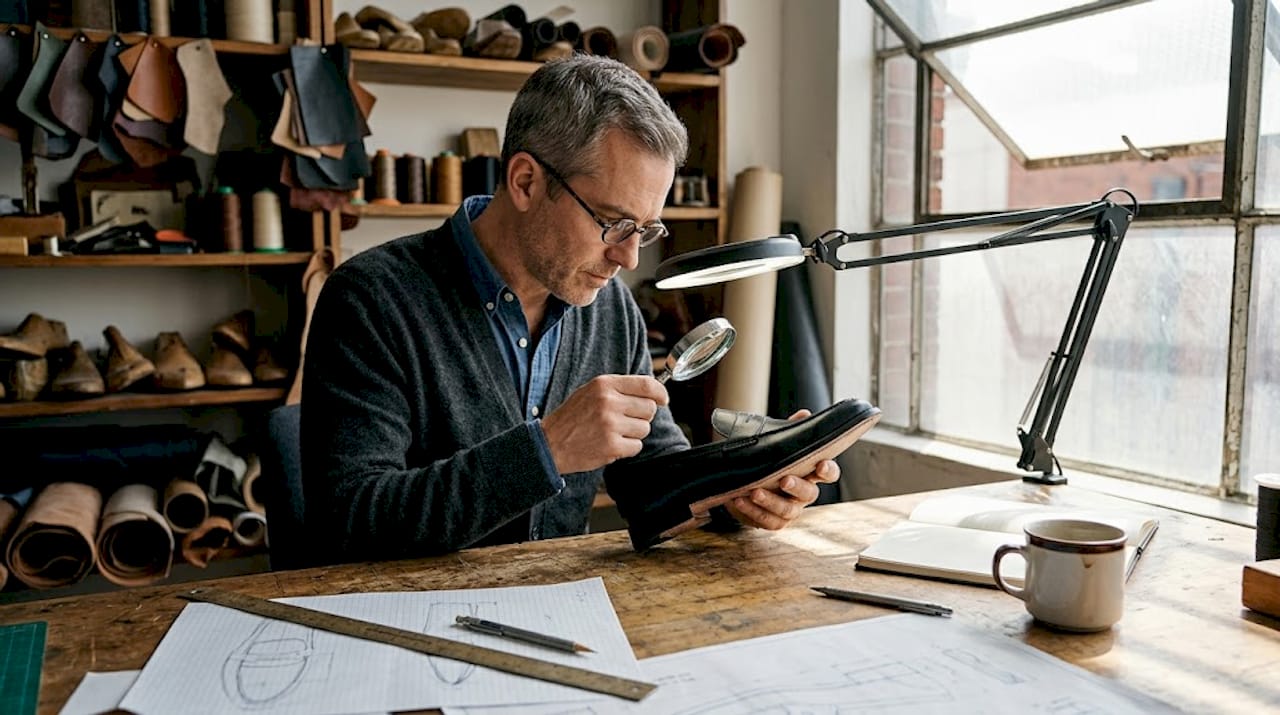 Shoe designer reviewing luxury loafer prototype