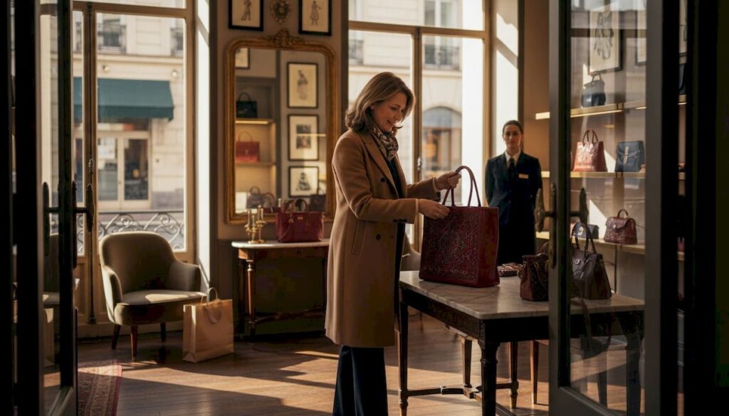 Customer interacts with luxury fashion handbags