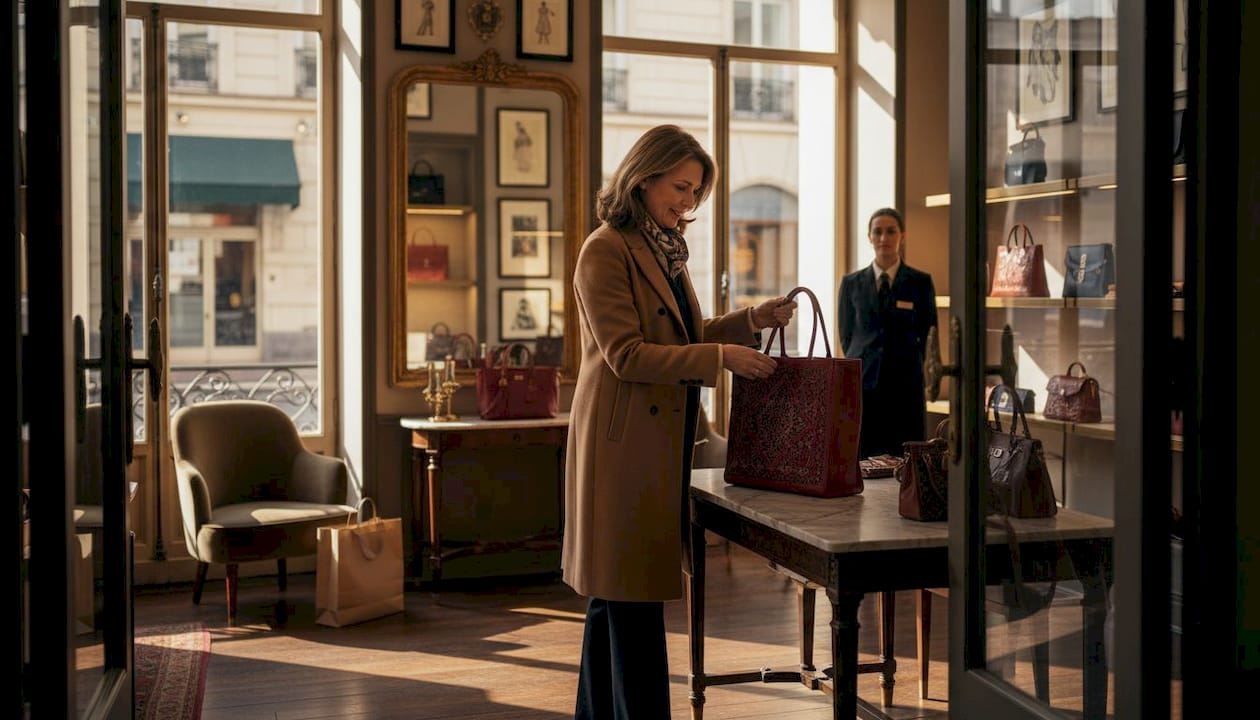 Customer interacts with luxury fashion handbags