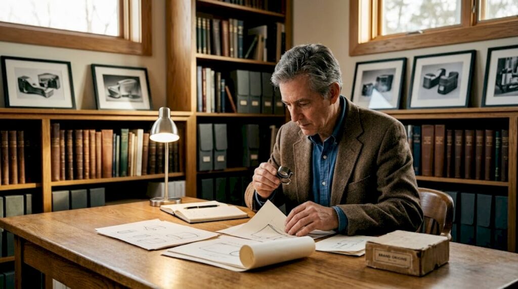 Archivist reviewing luxury brand vintage sketches